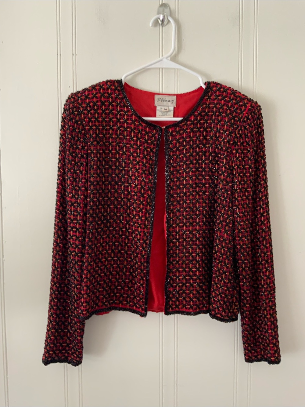 Stenay Red and Black Tweed Collarless Jacket with Gold Accents